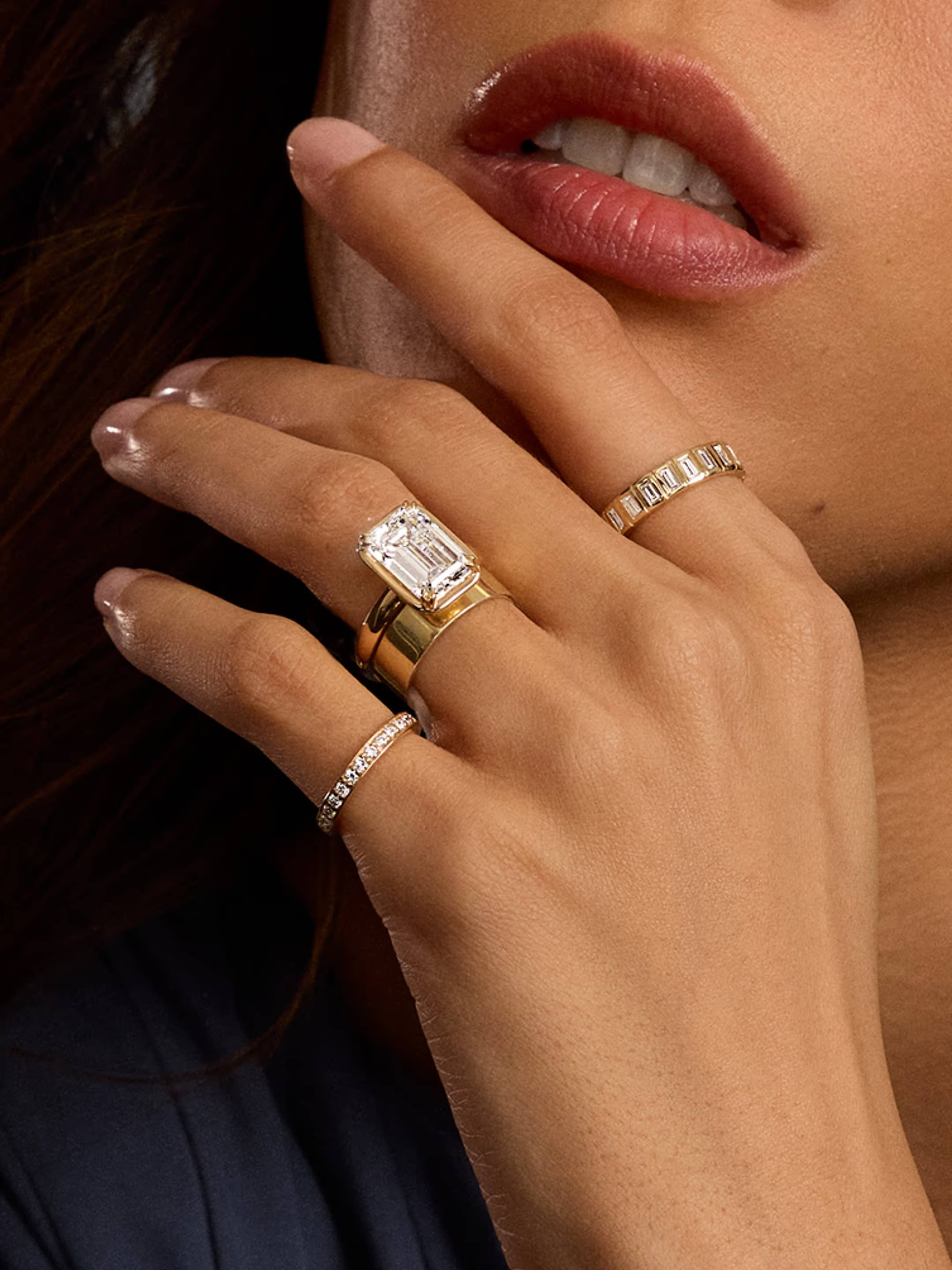 The Chiclet showcase featuring a lifestyle image of an engagement ring, highlighting the collection's signature chiclet setting style against an elegant background